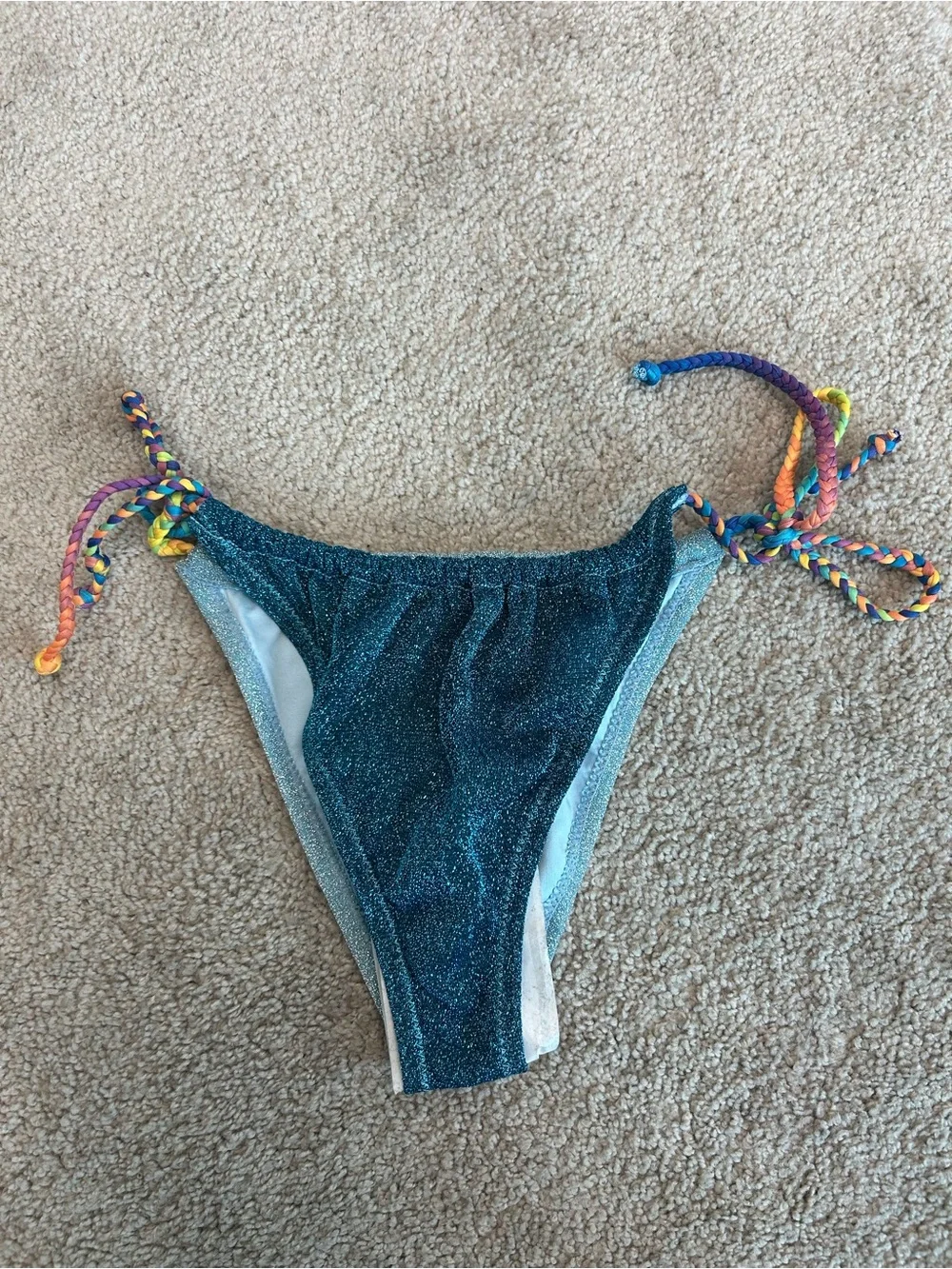Kurt Geiger London Rainbow String Bikini Bottom Metallic Blue Glitter Size M NWT
